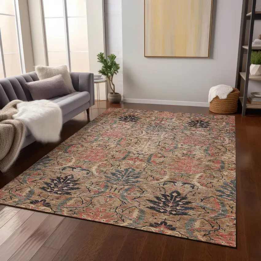 Khaki Terra Cotta And Black Damask Washable Indoor Outdoor Area Rug Photo 9