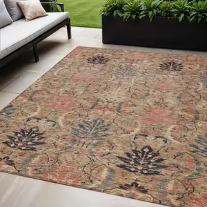 Photo of Khaki Terra Cotta And Black Damask Washable Indoor Outdoor Area Rug