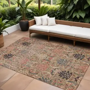 Photo of Khaki Terra Cotta And Black Damask Washable Indoor Outdoor Area Rug