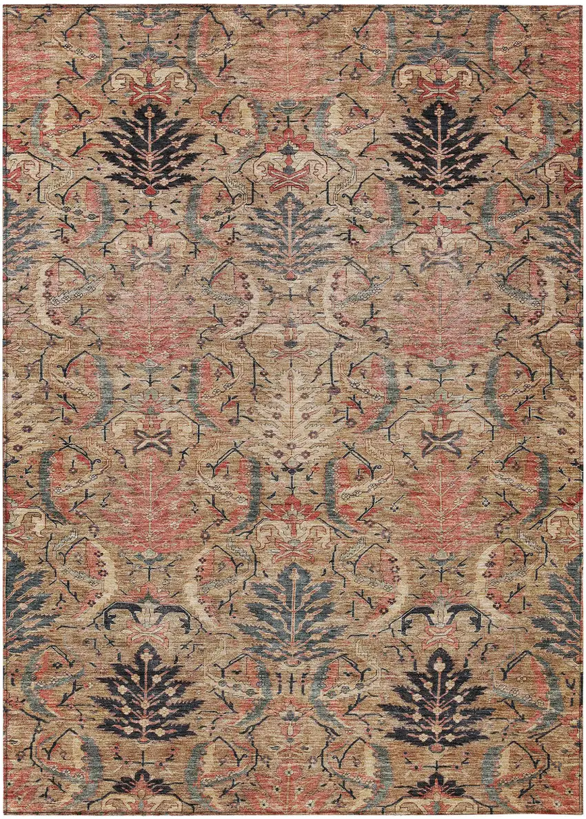 Khaki Terra Cotta And Black Damask Washable Indoor Outdoor Area Rug Photo 2