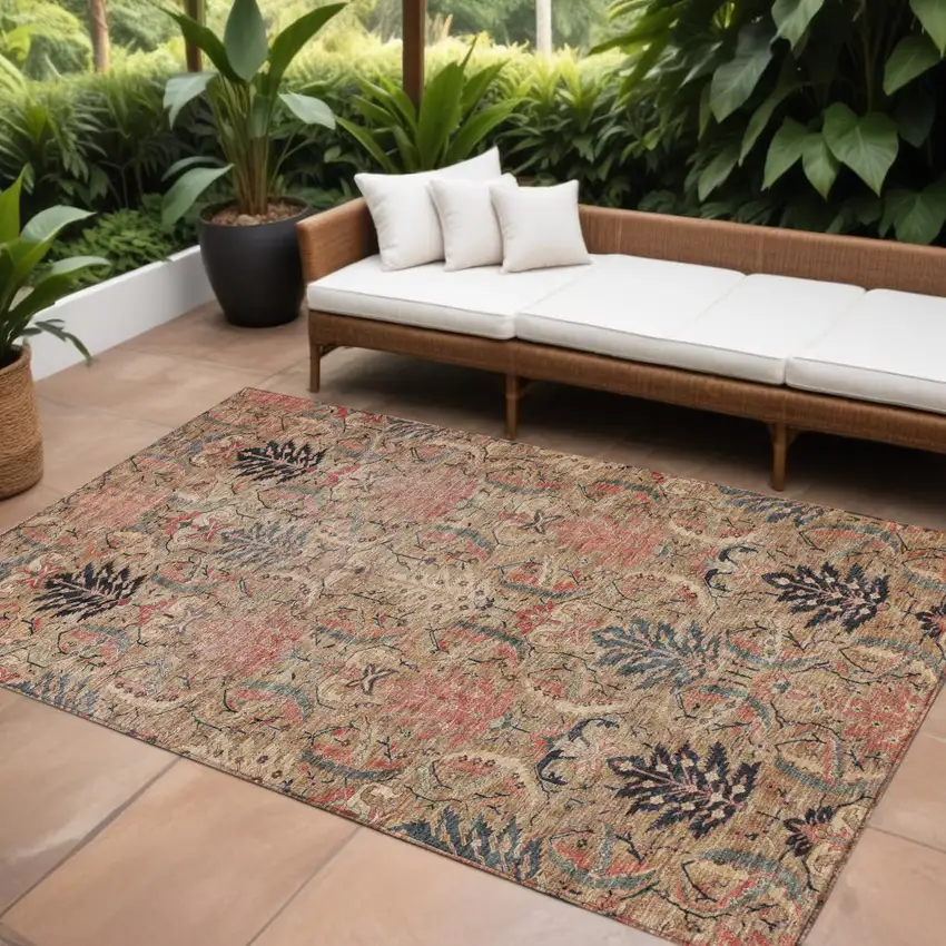 Khaki Terra Cotta And Black Damask Washable Indoor Outdoor Area Rug Photo 1