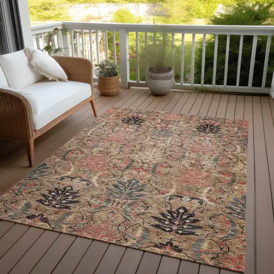 Khaki Terra Cotta And Black Damask Washable Indoor Outdoor Area Rug Photo 8