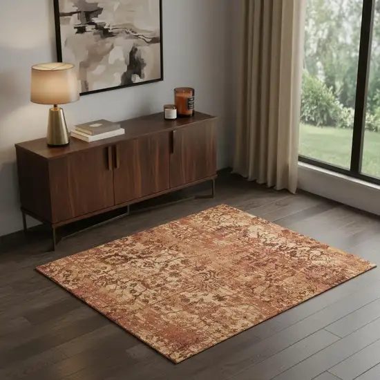 Latte And Red Floral Distressed Non Skid Area Rug Photo 1