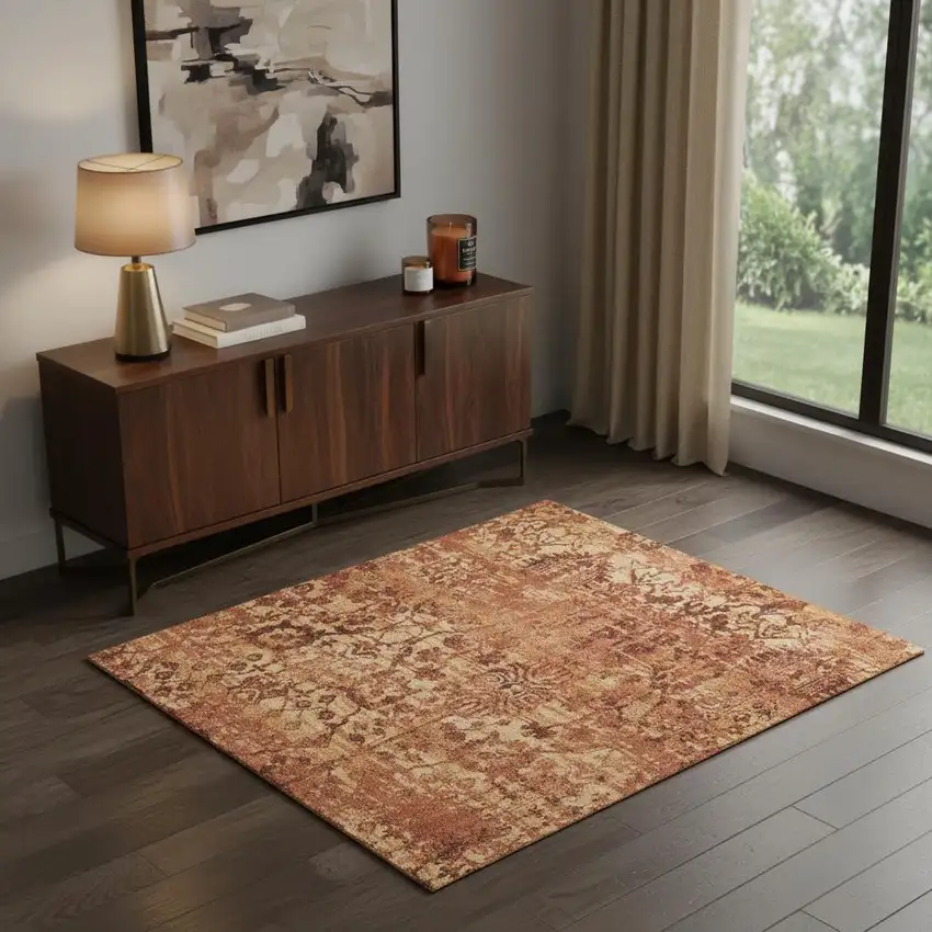 Latte And Red Floral Distressed Non Skid Area Rug Photo 1