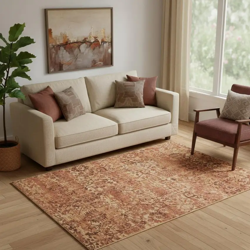 Latte And Red Floral Distressed Non Skid Area Rug Photo 1