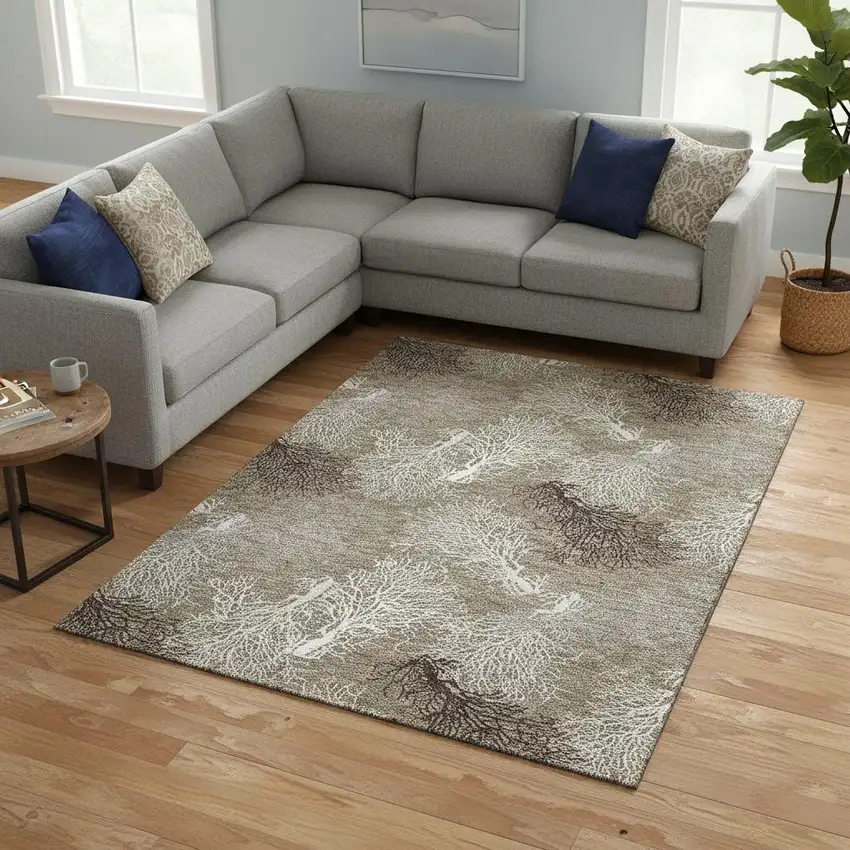 Latte Ivory And Gray Geometric Washable Area Rug With UV Protection Photo 1