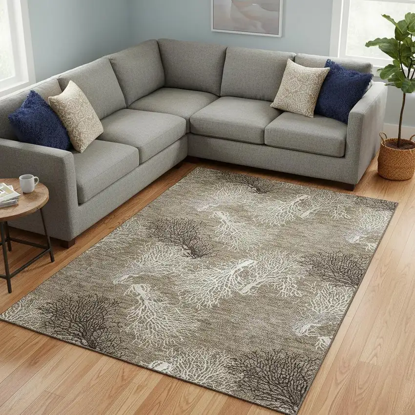 Latte Ivory And Gray Geometric Washable Area Rug With UV Protection Photo 1