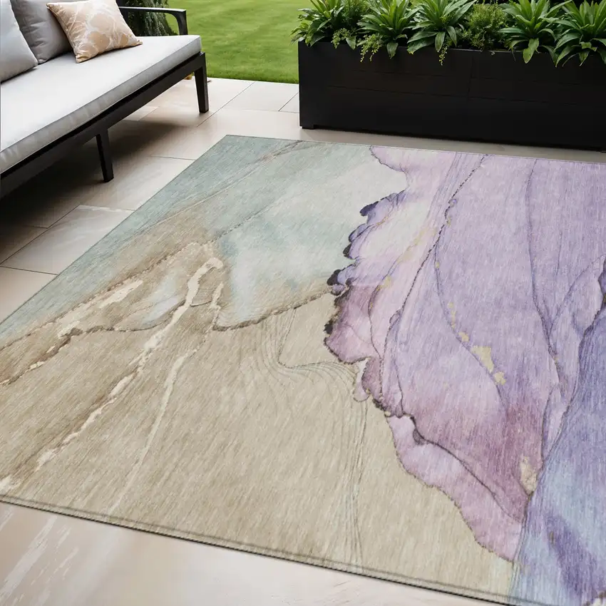 Lavender And Beige Abstract Washable Indoor Outdoor Area Rug Photo 2