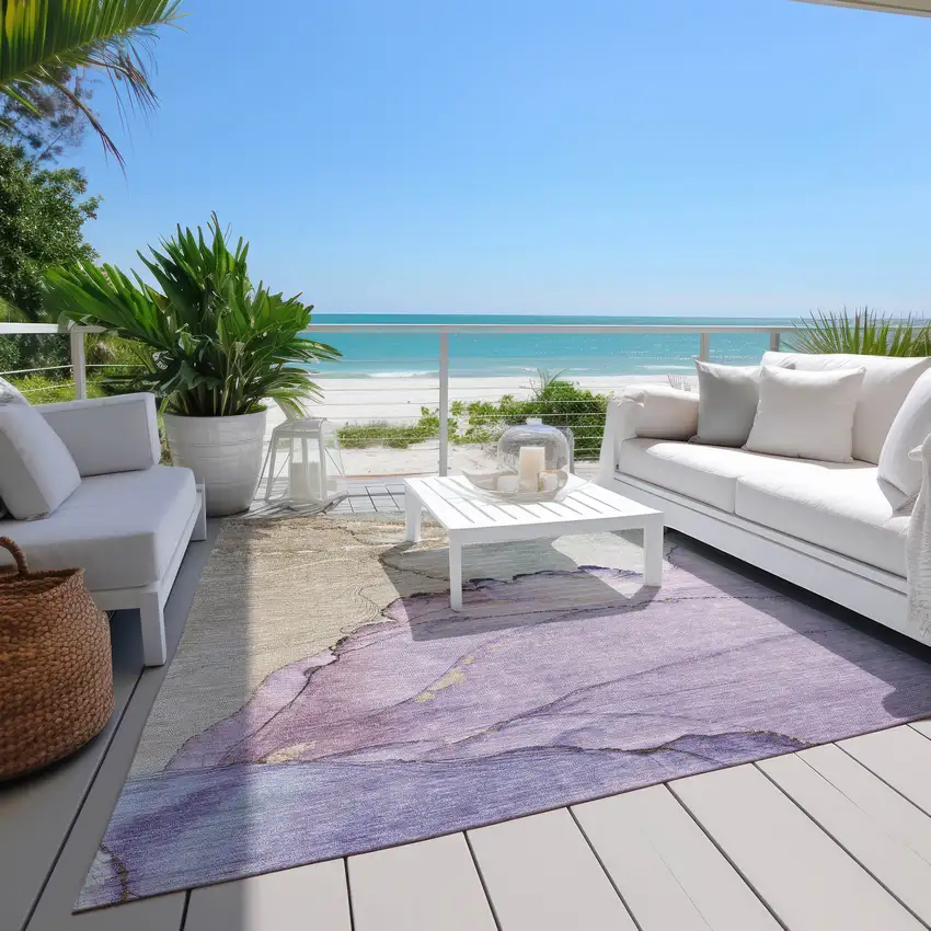 Lavender And Beige Abstract Washable Indoor Outdoor Area Rug Photo 7