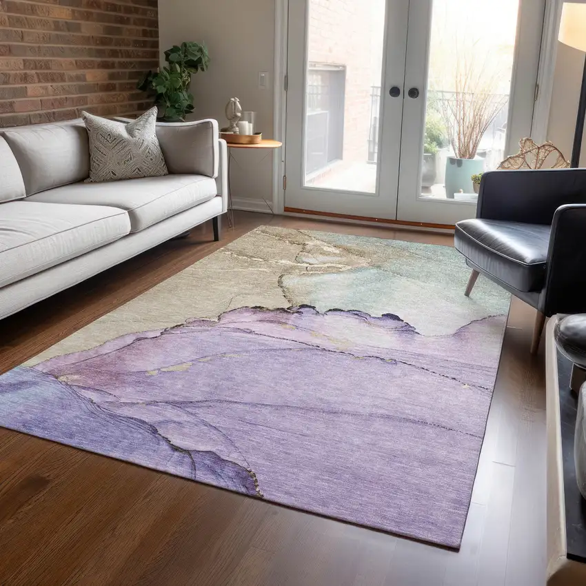 Lavender And Beige Abstract Washable Indoor Outdoor Area Rug Photo 5