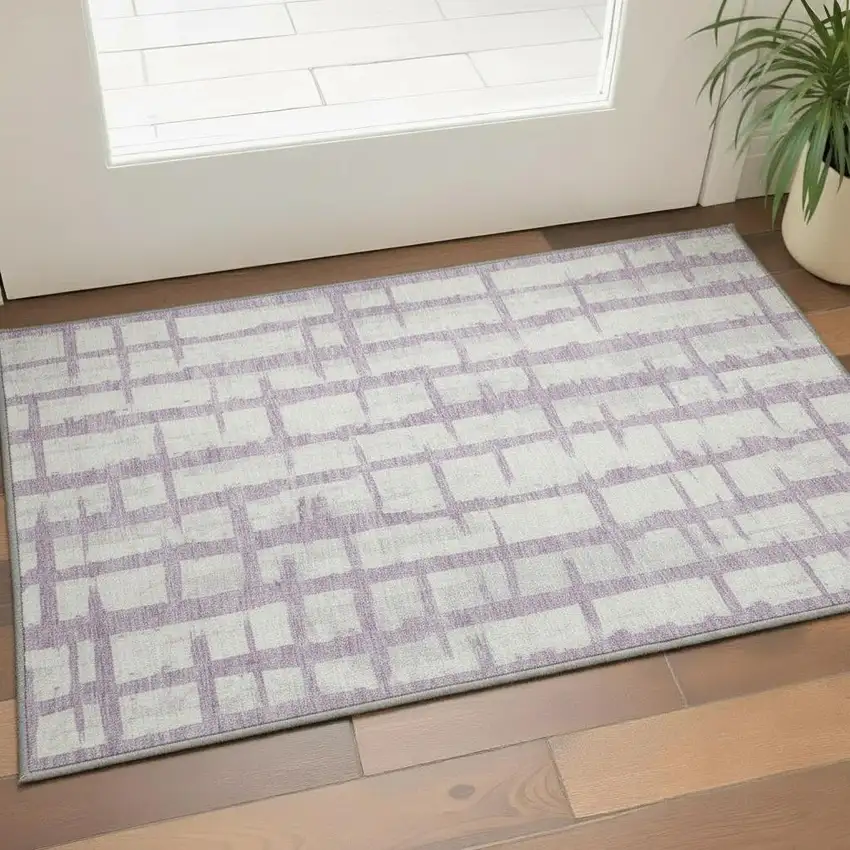 Lavender And Beige Striped Washable Area Rug With UV Protection Photo 2