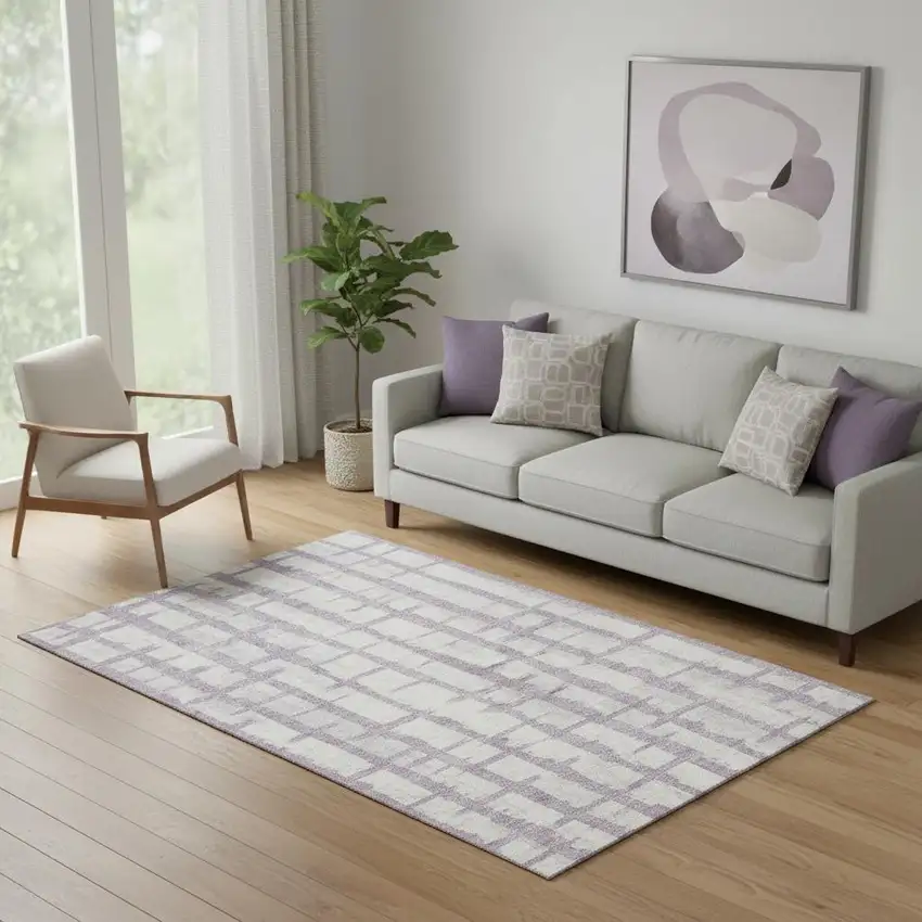 Lavender And Beige Striped Washable Area Rug With UV Protection Photo 1