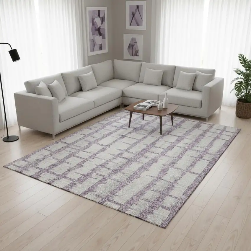 Lavender And Beige Striped Washable Area Rug With UV Protection Photo 2