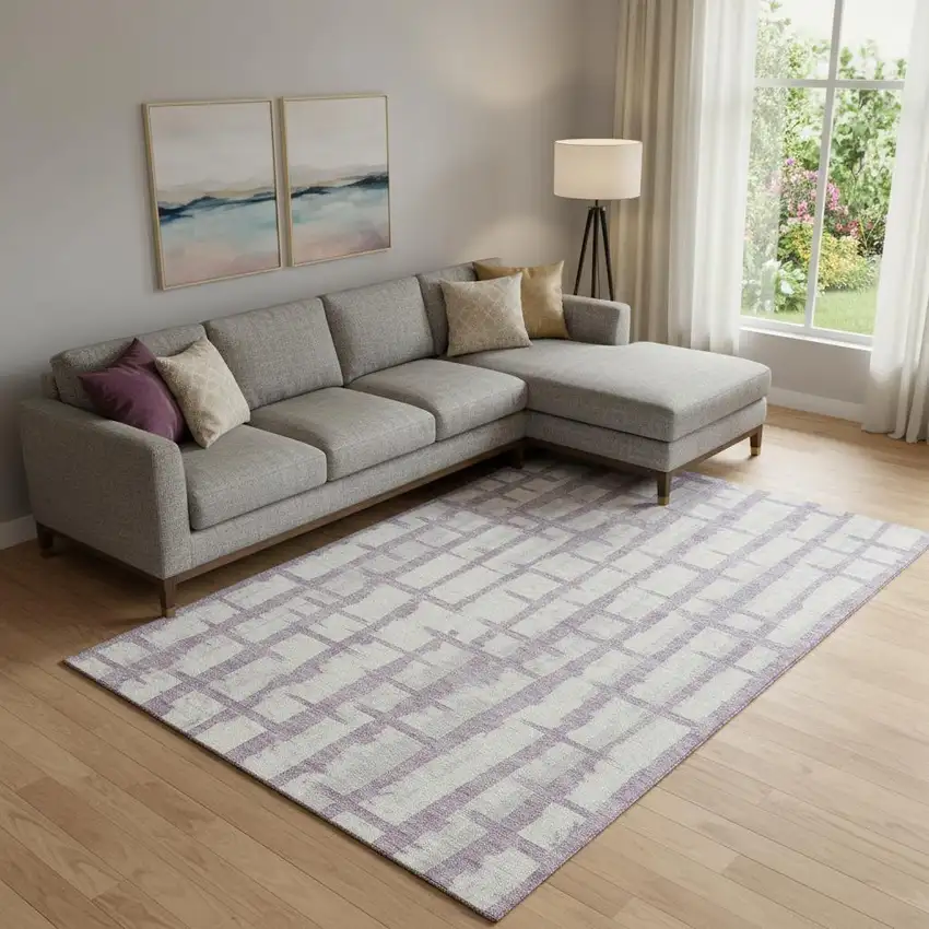 Lavender And Beige Striped Washable Area Rug With UV Protection Photo 1