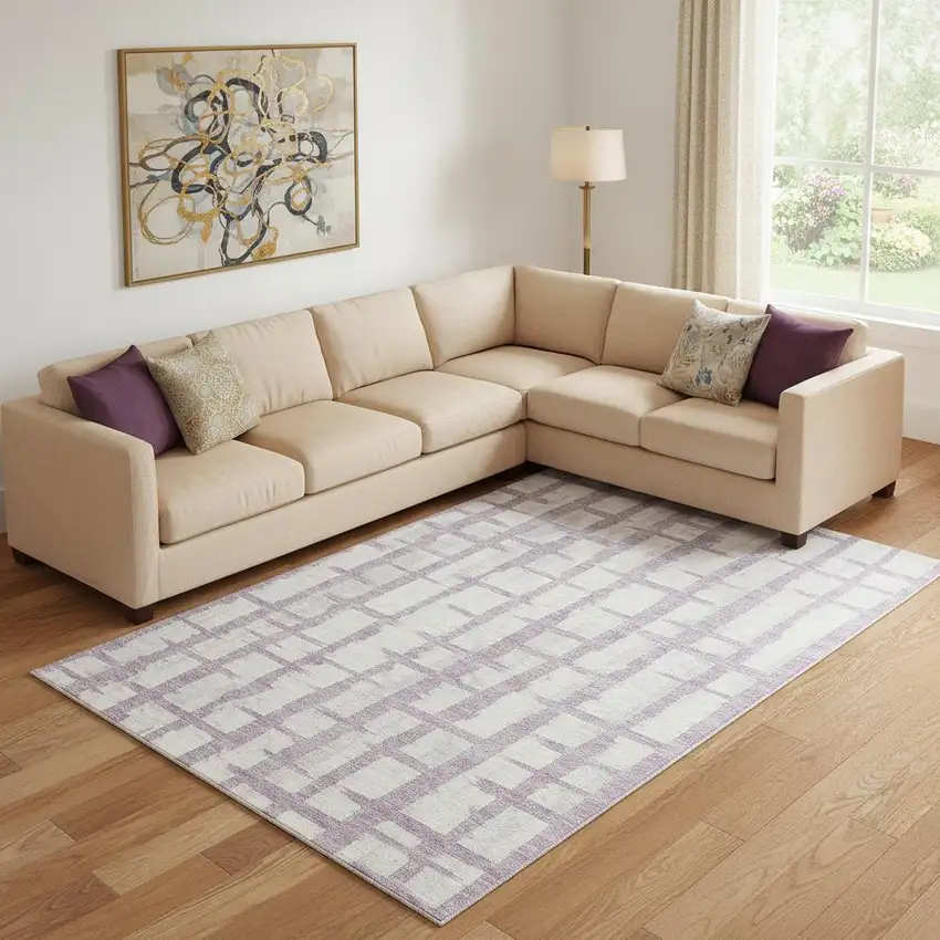 Lavender And Beige Striped Washable Area Rug With UV Protection Photo 1