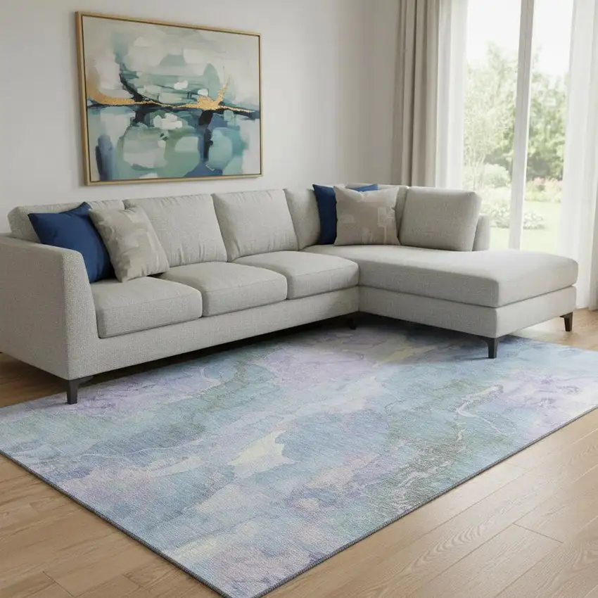 Lavender And Blue Abstract Washable Area Rug With UV Protection Photo 2