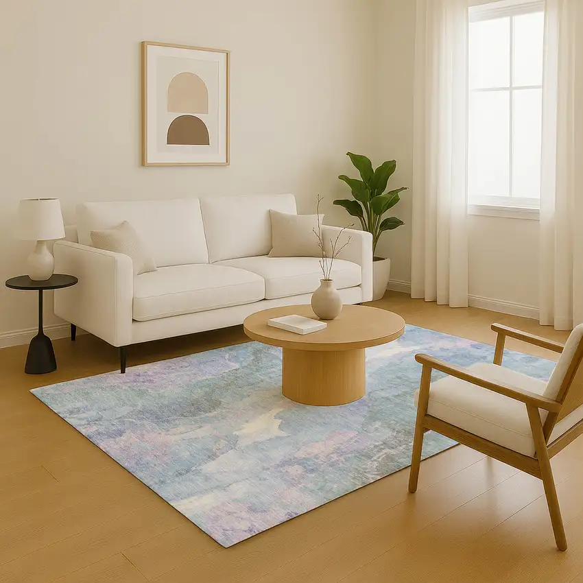 Lavender And Blue Abstract Washable Area Rug With UV Protection Photo 5