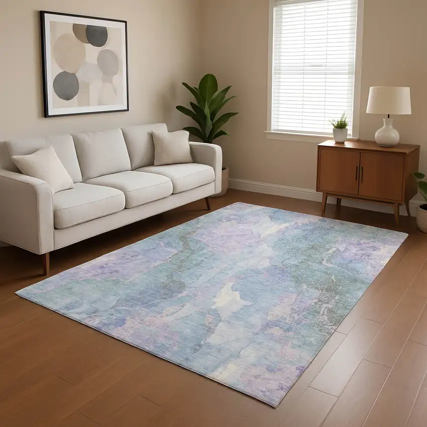 Lavender And Blue Abstract Washable Area Rug With UV Protection Photo 4