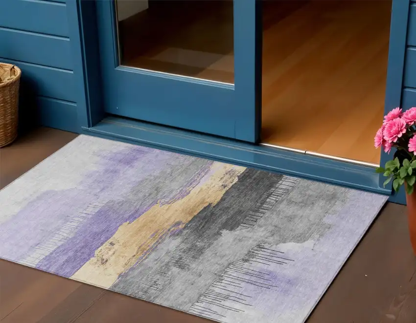 Lavender And Charcoal Abstract Washable Indoor Outdoor Area Rug Photo 2