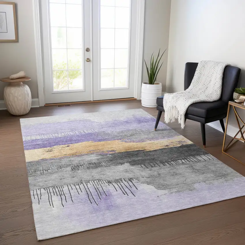 Lavender And Charcoal Abstract Washable Indoor Outdoor Area Rug Photo 6
