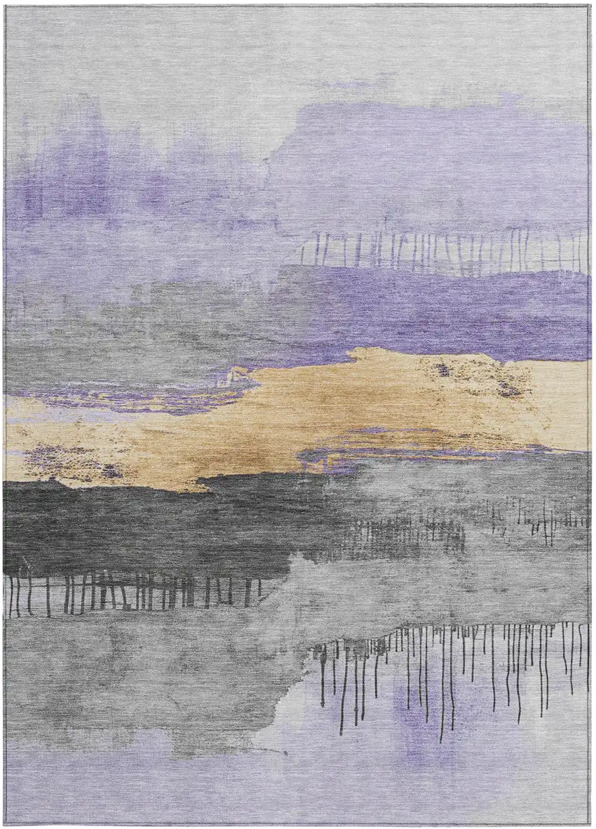 Lavender And Charcoal Abstract Washable Indoor Outdoor Area Rug Photo 3