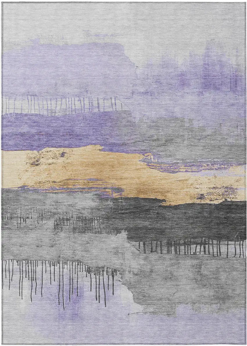 Lavender And Charcoal Abstract Washable Indoor Outdoor Area Rug Photo 1
