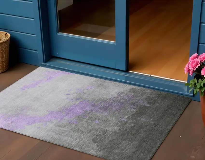 Lavender And Charcoal Abstract Washable Indoor Outdoor Area Rug Photo 2