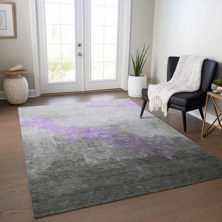 Lavender And Charcoal Abstract Washable Indoor Outdoor Area Rug Photo 6