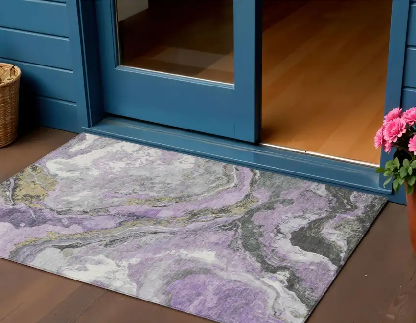 Lavender And Charcoal Abstract Washable Indoor Outdoor Area Rug Photo 2