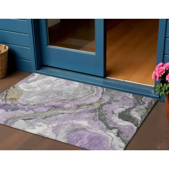 Lavender And Charcoal Abstract Washable Indoor Outdoor Area Rug Photo 2