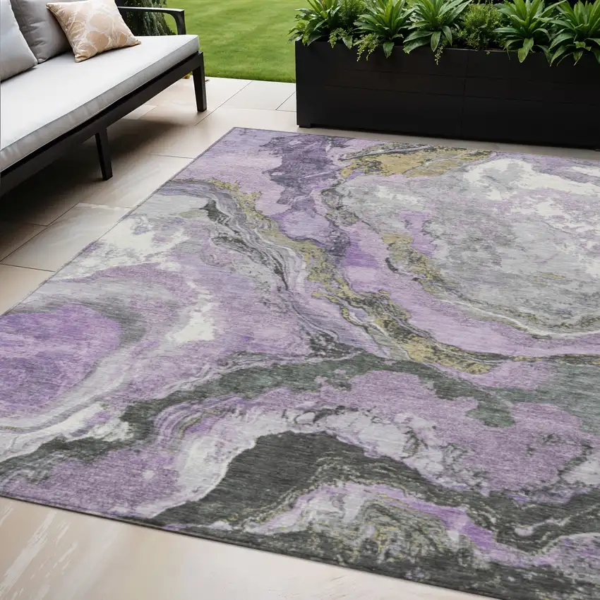 Lavender And Charcoal Abstract Washable Indoor Outdoor Area Rug Photo 2