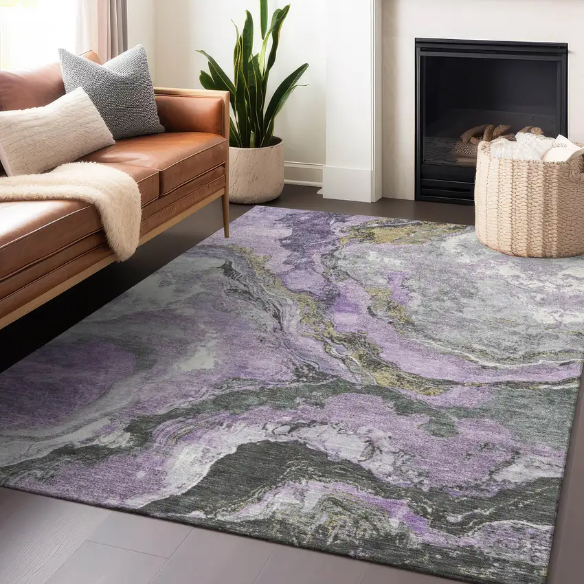 Lavender And Charcoal Abstract Washable Indoor Outdoor Area Rug Photo 6