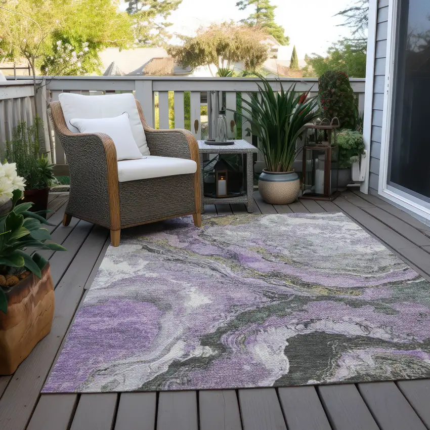 Lavender And Charcoal Abstract Washable Indoor Outdoor Area Rug Photo 5