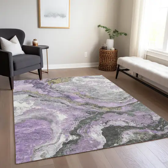 Lavender And Charcoal Abstract Washable Indoor Outdoor Area Rug Photo 7