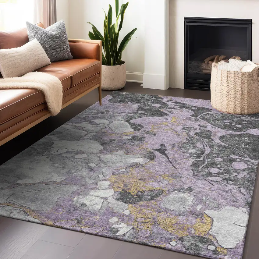 Lavender And Charcoal Abstract Washable Indoor Outdoor Area Rug Photo 5