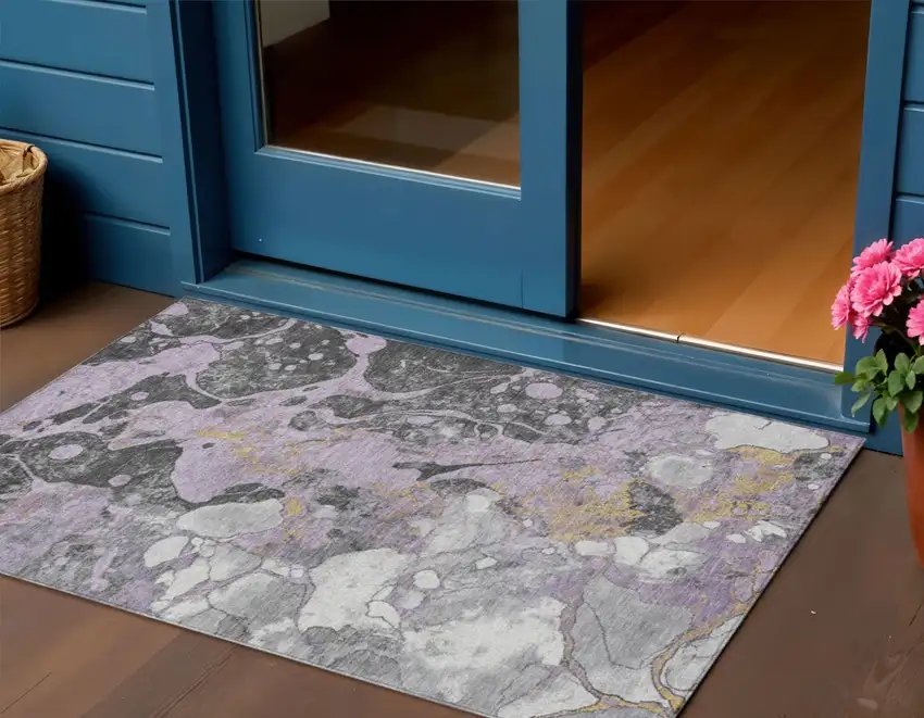 Lavender And Charcoal Abstract Washable Indoor Outdoor Area Rug Photo 2