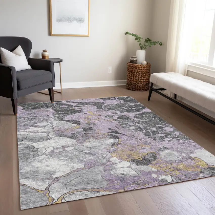 Lavender And Charcoal Abstract Washable Indoor Outdoor Area Rug Photo 6