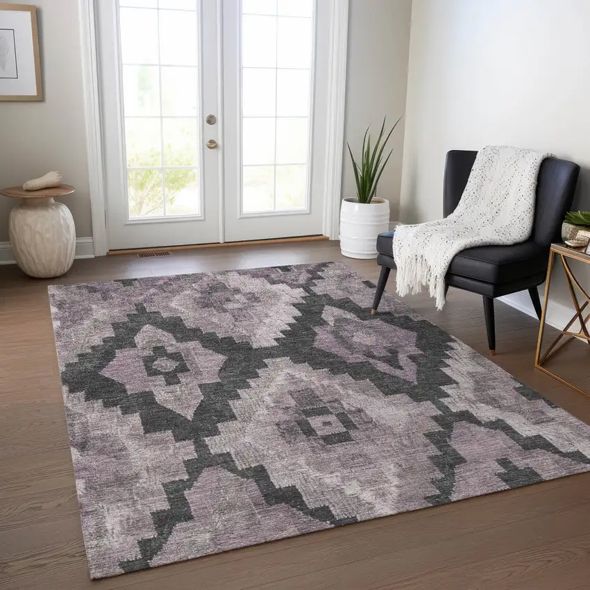 Lavender And Charcoal Aztec Washable Indoor Outdoor Area Rug Photo 6