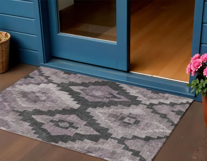 Lavender And Charcoal Aztec Washable Indoor Outdoor Area Rug Photo 2