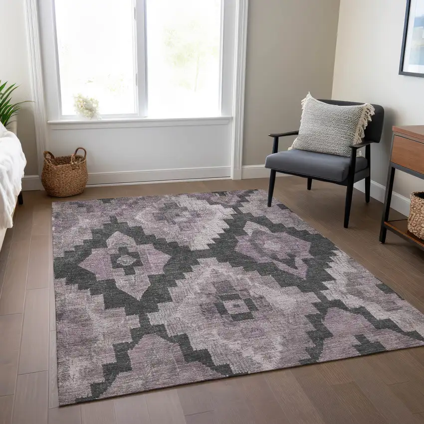 Lavender And Charcoal Aztec Washable Indoor Outdoor Area Rug Photo 7