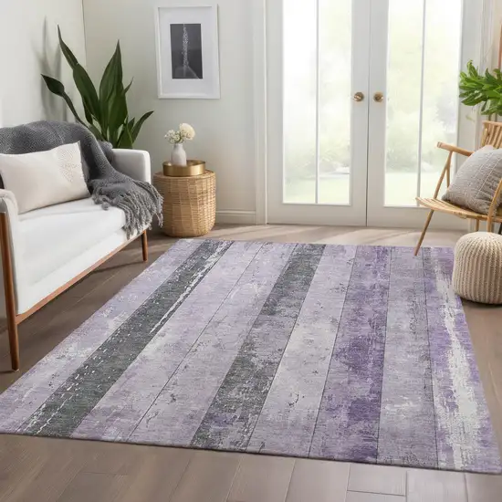 Lavender And Charcoal Striped Washable Indoor Outdoor Area Rug Photo 7