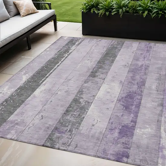 Lavender And Charcoal Striped Washable Indoor Outdoor Area Rug Photo 2