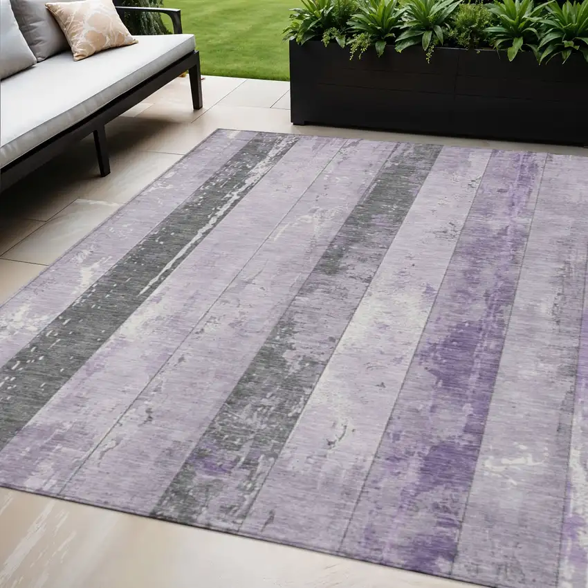 Lavender And Charcoal Striped Washable Indoor Outdoor Area Rug Photo 2
