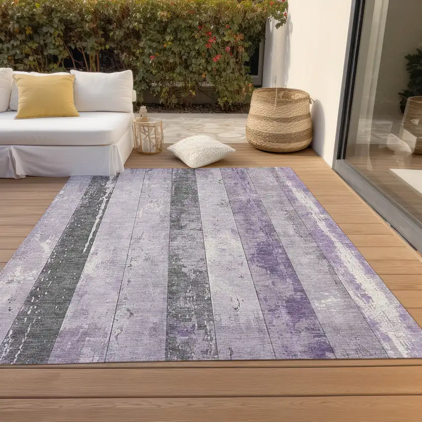 Lavender And Charcoal Striped Washable Indoor Outdoor Area Rug Photo 8