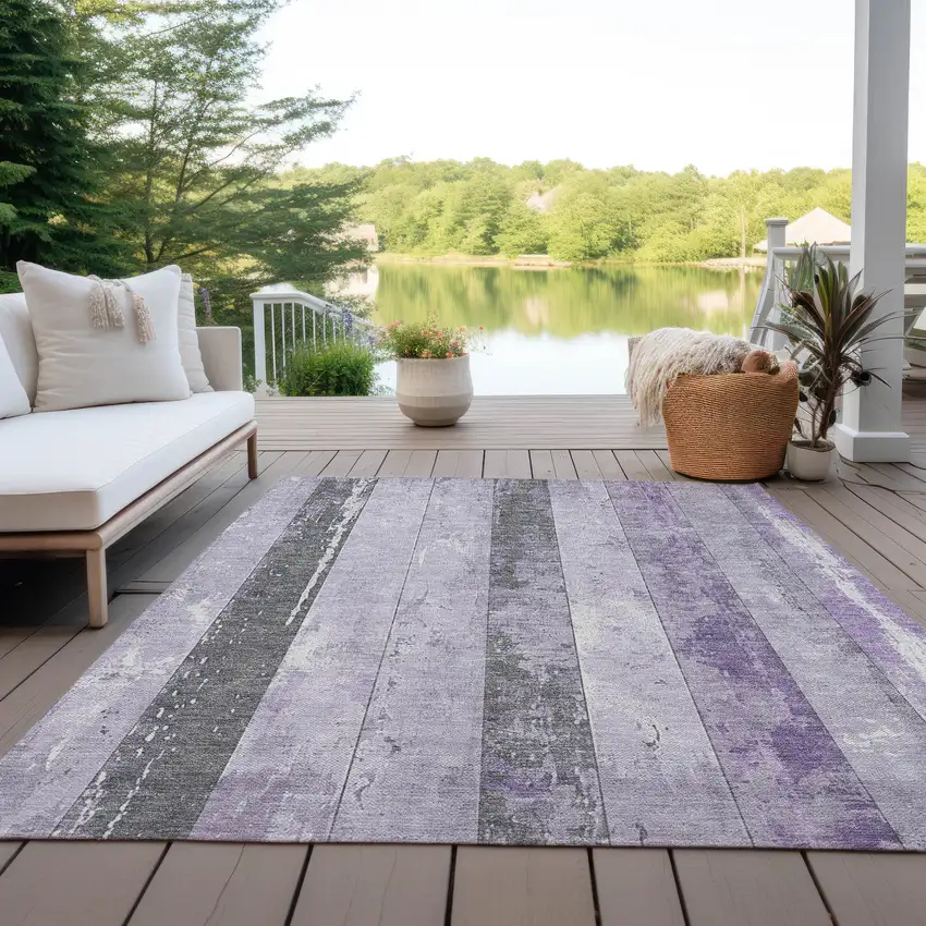 Lavender And Charcoal Striped Washable Indoor Outdoor Area Rug Photo 5