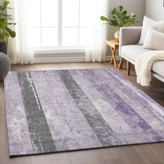 Lavender And Charcoal Striped Washable Indoor Outdoor Area Rug Photo 6