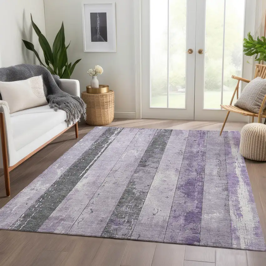 Lavender And Charcoal Striped Washable Indoor Outdoor Area Rug Photo 6