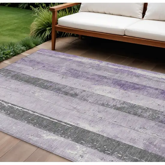 Lavender And Charcoal Striped Washable Indoor Outdoor Area Rug Photo 2
