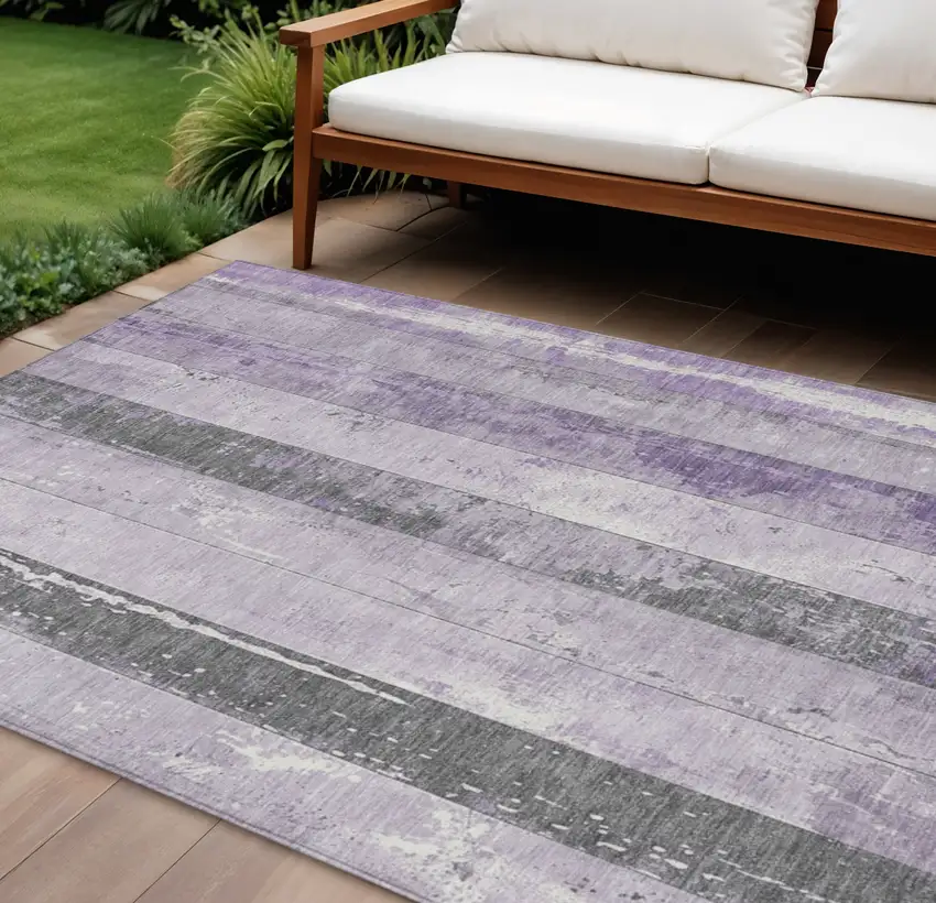 Lavender And Charcoal Striped Washable Indoor Outdoor Area Rug Photo 2