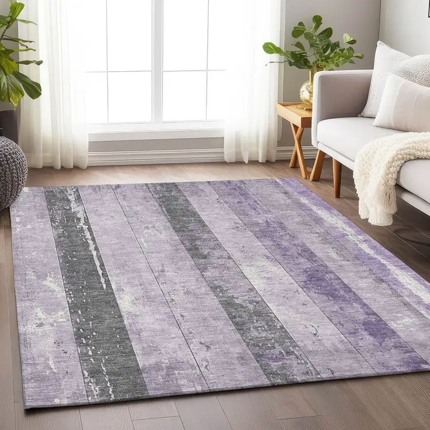 Lavender And Charcoal Striped Washable Indoor Outdoor Area Rug Photo 4